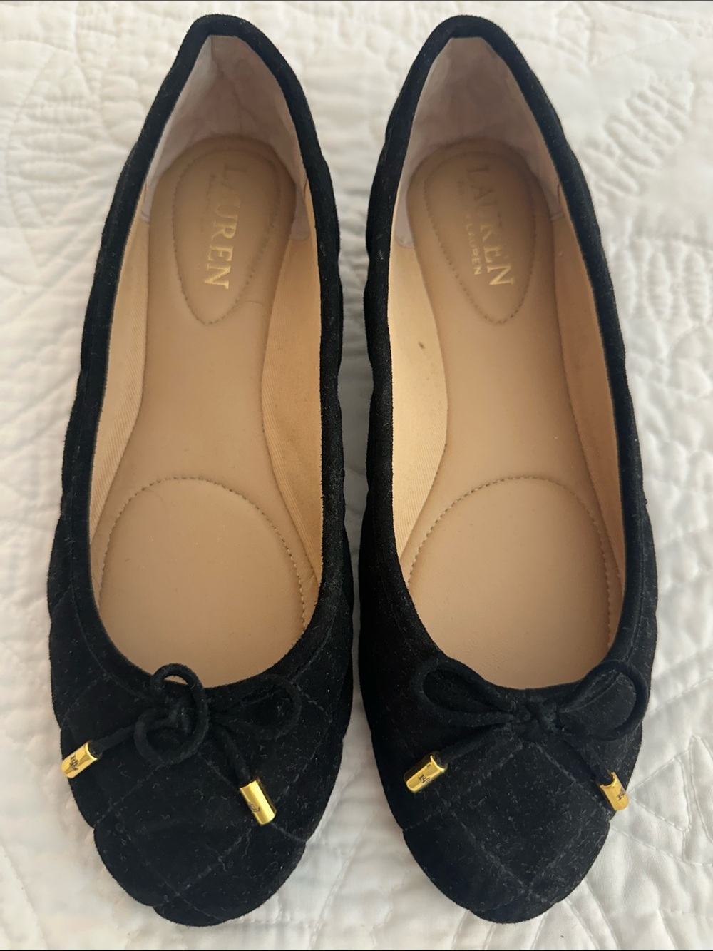 Lauren Ralph Lauren Black Quilted Ballet Flats with Gold Aglets
